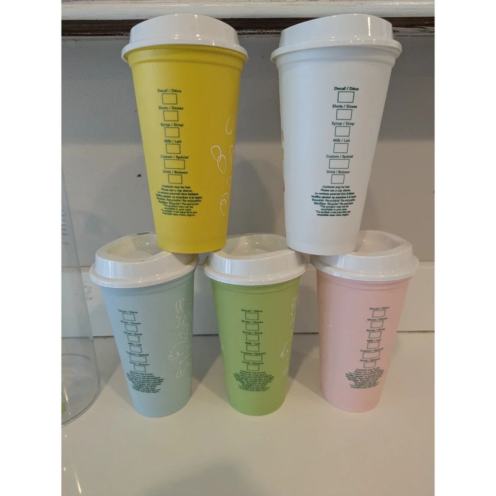 Starbucks 2018 Reusable Easter Pastel Cups Set Of 5 16oz cups W/Lids Rabbit Egg
